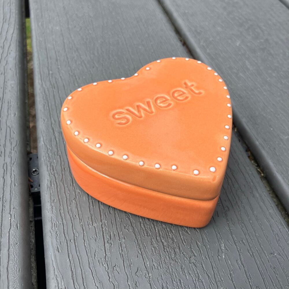 Orange conversation heart ceramic trinket dish with lid, Valentine's Day